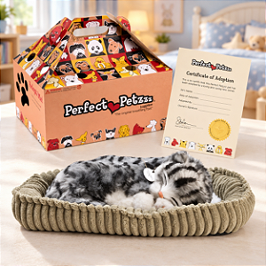 Gato De Pelucia Perfect Petzzz Que Respira -grey Tabby com pilha