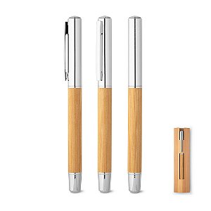 Caneta Roller Em Aço Inox E Bambu - 1 Unidade