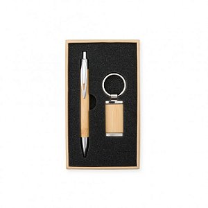 Kit Presente 2 Peças Em Bambu Caneta E Chaveiro