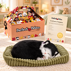 Gato Filhote Pelúcia Perfect Petz Respira Preto e Branco Com Pilha
