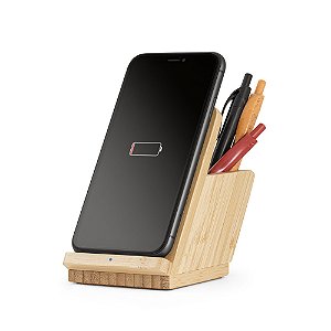 Carregador Wireless Em Bambu Com Suporte Para Canetas