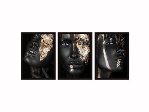 Conjunto Kit 03 Quadros - Trio Fotos Modelo Black Dourado