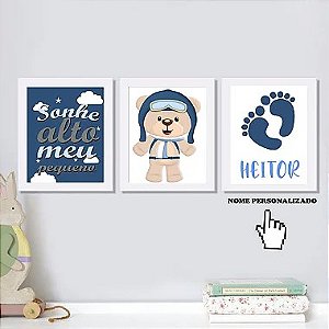 Conjunto Kit 03 Quadros Decorativos Infantil Menino Personalizado Com Nome