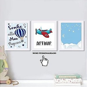 Conjunto Kit 03 Quadros Decorativos Infantil Personalizado Sonhe Alto Meu Pequeno