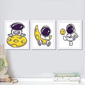 Conjunto Kit 03 Quadros Decorativos Infantil Trio Astronauta E A Lua