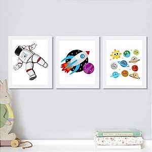 Conjunto Kit 03 Quadros Decorativos Infantil Trio Astronauta Foguete Planetas