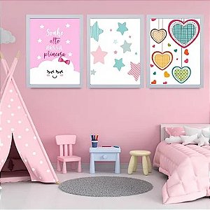 Conjunto Kit 03 Quadros Decorativos Infantil Trio Sonhe Alto Nossa Princesa