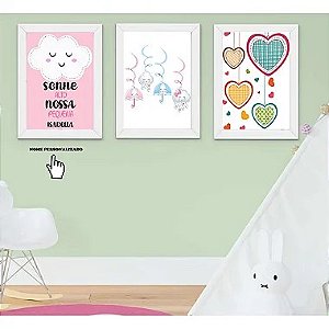 Conjunto Kit 03 Quadros Decorativos Infantil Trio Personalizado Com Nome