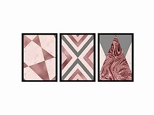 Conjunto Kit 03 Quadros - Geométrico Abstrato Textura Tons Rosa