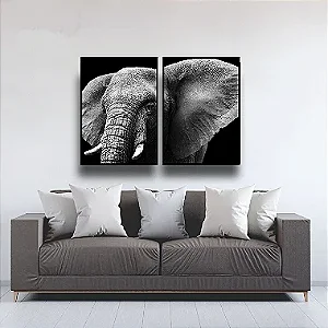 Conjunto Kit 02 Quadros Decorativos Elefante Preto e Branco