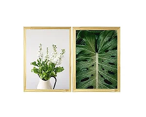 Conjunto Kit 02 Quadros Decorativos Flor Branca e Folha Verde