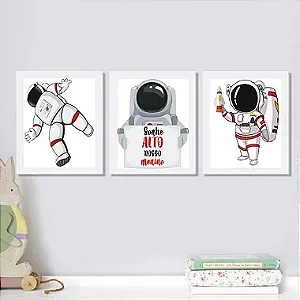 Conjunto Kit 03 Quadros Decorativos Infantil Menino Trio Astronauta