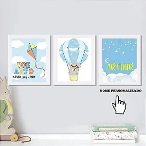 Conjunto Kit 03 Quadros Decorativos Infantil Menino Trio Personalizado Balão