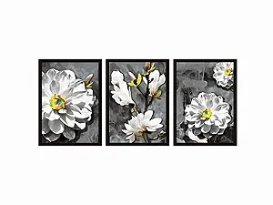 Conjunto Kit 03 Quadros - Trio Floral Branco