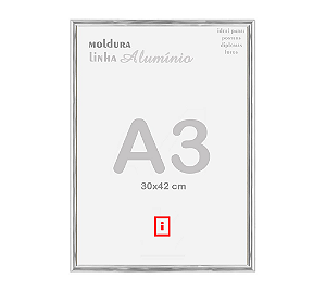 Moldura A3 30x42cm Alumínio Vidro Simples Alvará Certificado - PRATA