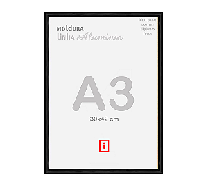 Moldura A3 30x42cm Alumínio Vidro Simples Alvará Certificado - PRETA