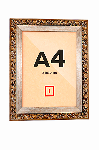 Moldura Premium A4 21x30 cm - C/ Vidro - Clássica Ornamental C/ Acabamento Bronze