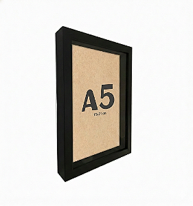 Moldura A5 15x21 cm Caixa alta 3x1,5 cm C/ Espaçamento interno 1.8 cm - Preta - C/Vidro