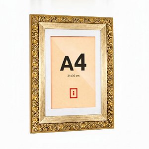 Moldura A4 21x30 cm Premium Clássica Ornamental C/ Acabamento Dourada Com Paspatur