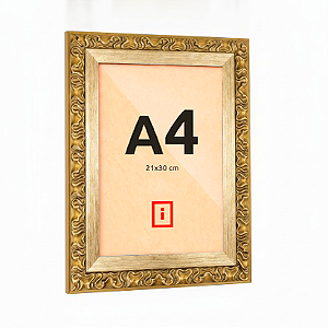 Moldura Premium A4 21x30 cm - C/ Vidro - Clássica Ornamental C/ Dourada