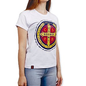 Camiseta Feminina Medalha de São Bento Branca Stouro