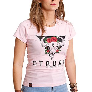 Camiseta Feminina Boi Rosas Rosa Bebê Stouro