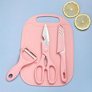 Kit 4 Peças Cozinha Tábua Faca Tesoura Descascador Luatek LCC-2313