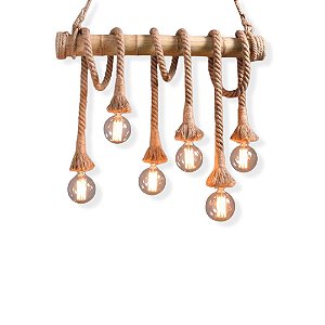 Pendente Corda e Bambu 6 ou 4 Soquetes Rústico