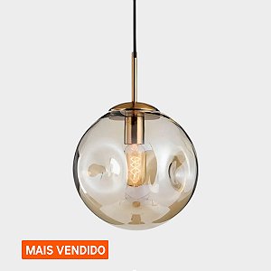 Lustre Pendente Bola Vidro Âmbar 25cm Moderno Luxo E27