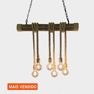 Lustre Pendente Rústico Corda Bambu 6 Soquetes Retro