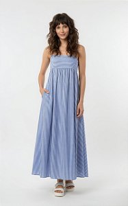 Vestido Longo Algodão Listrado Azul