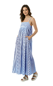 Vestido Longo Algodão Listrado Azul