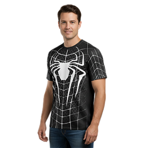 Camiseta Adulto Fantasia Homem Aranha Preta Dryfit Estampa Total