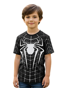 Camiseta Infantil Fantasia Homem Aranha Preta Dryfit Estampa Total Cosplay