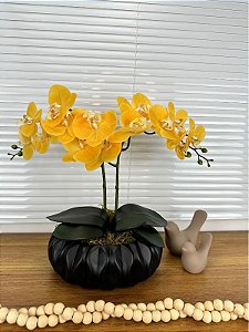 Arranjo de Orquídea Artificial Amarela 2 Hastes Equibanda Preto G