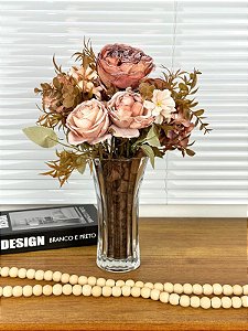 Arranjo Rosa Artificial Outonado Vaso Vidro