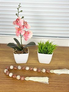 Kit Decorativo Orquidea + Colar + Vaso Verdinhos