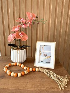 Kit Orquídea Artificial Pêssego + Porta Retrato + Colar Decorativo