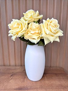 Arranjo Rosas Artificiais Amarelas Vaso Bege Cerâmica