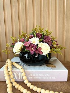Arranjo Artificial Rosas com Margarida Amarela e Bordô Vaso Preto