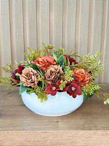 Arranjo Artificial Rosas com Margarida Laranja e Vermelha Vaso Branco