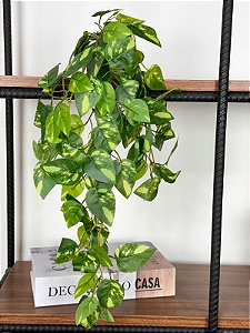 Pendente Artificial Jiboia 50cm Vaso Cerâmica Branco Redondo