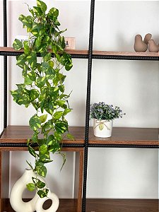 Planta Artificial Pendente Jiboia 90cm Vaso Cerâmica Branco