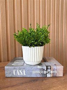 Vaso Plissado Cerâmica Off White Com Verdinhos Artificiais