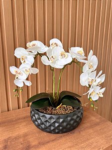 Arranjo de Orquídea Artificial Branca 2 Hastes Vaso Cerâmica Preto G