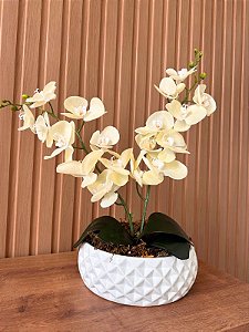Arranjo de Orquídea Artificial Creme 2 Hastes Vaso Cerâmica Branco G