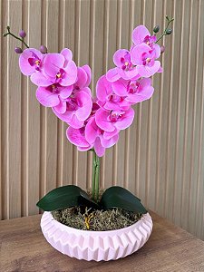 Arranjo de Orquídea Artificial Rosa 2 Hastes Vaso Cerâmica Rosa G