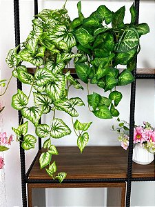 Kit Planta Artificial Pendente 3D 40cm + 3D 60cm Vaso Ceramica Off White