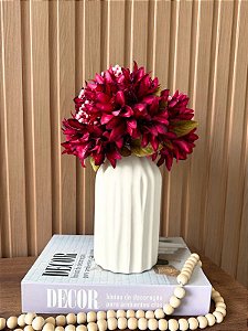 Arranjo Magnólia Artificial Bordô Vaso Cerâmica Bege