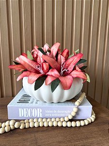 Arranjo de Lirios Rosa Coral Artificial Vaso Gomo OffWhite